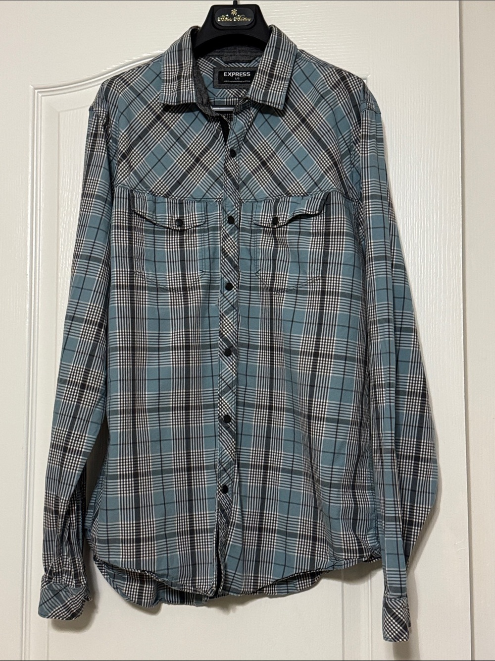 Express Teal and Black Plaid Shirt